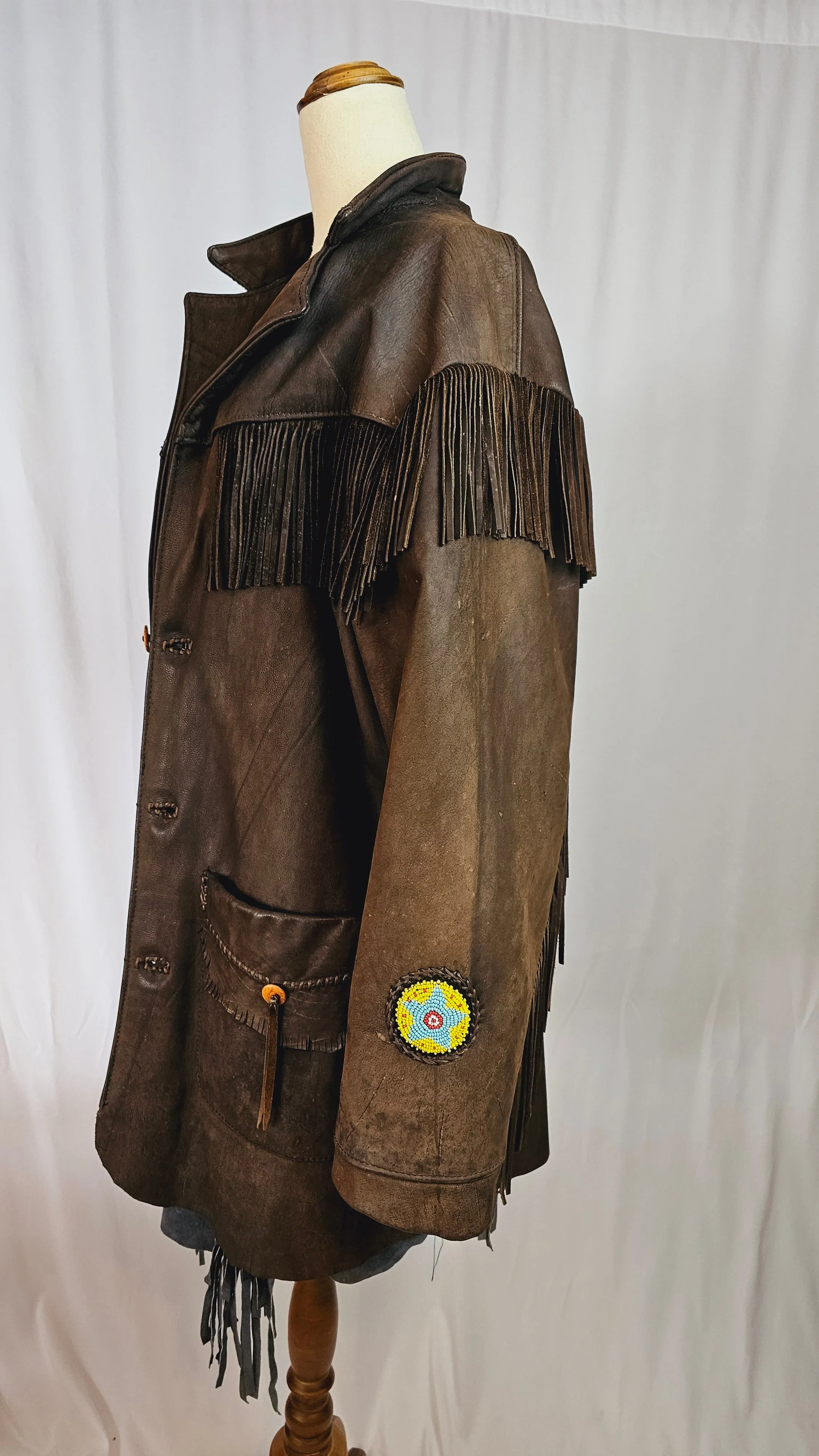 💥 Genuine LEATHER Native Indian Fringe Brown Beaded Coat Jacket M L XL Western