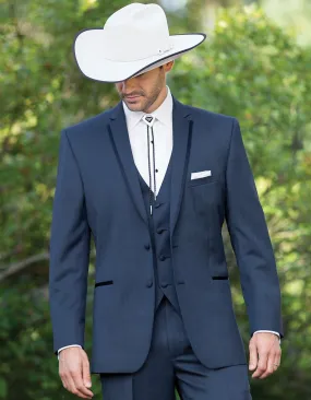 2 Button Vested Satin Trim Lapel Cowboy Tuxedo in Navy