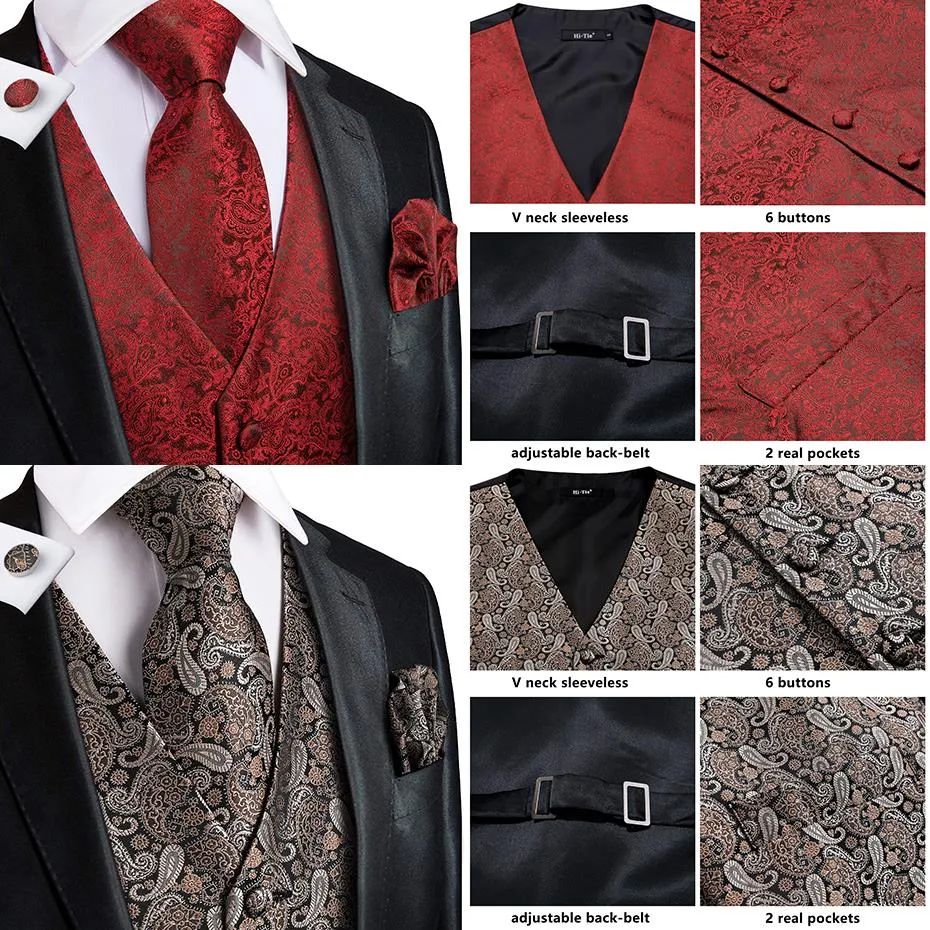 4Piece Mens Vest for Suit Luxury Paisley Floral Plaid Suit Silk Vest and Tie Set Blue Gold Red Sliver Wedding Vest