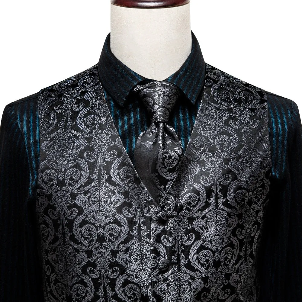 4Piece Mens Vest for Suit Luxury Paisley Floral Plaid Suit Silk Vest and Tie Set Blue Gold Red Sliver Wedding Vest