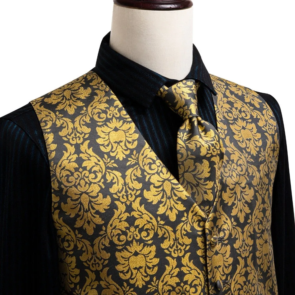 4Piece Mens Vest for Suit Luxury Paisley Floral Plaid Suit Silk Vest and Tie Set Blue Gold Red Sliver Wedding Vest