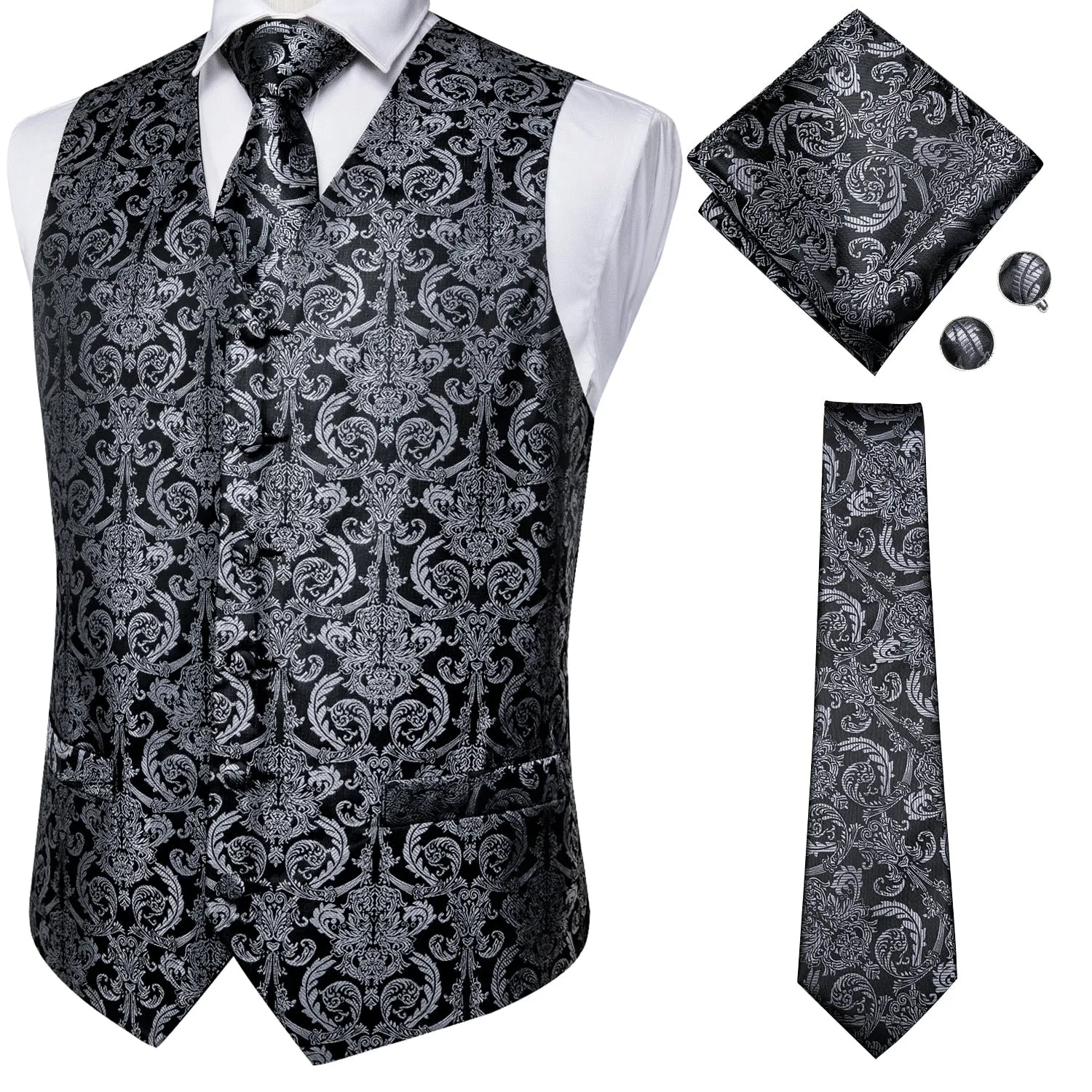 4Piece Mens Vest for Suit Luxury Paisley Floral Plaid Suit Silk Vest and Tie Set Blue Gold Red Sliver Wedding Vest