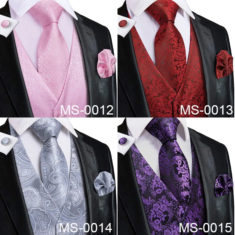 4Piece Mens Vest for Suit Luxury Paisley Floral Plaid Suit Silk Vest and Tie Set Blue Gold Red Sliver Wedding Vest