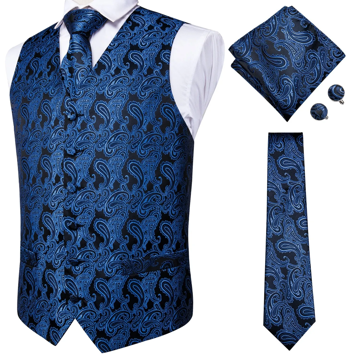 4Piece Mens Vest for Suit Luxury Paisley Floral Plaid Suit Silk Vest and Tie Set Blue Gold Red Sliver Wedding Vest