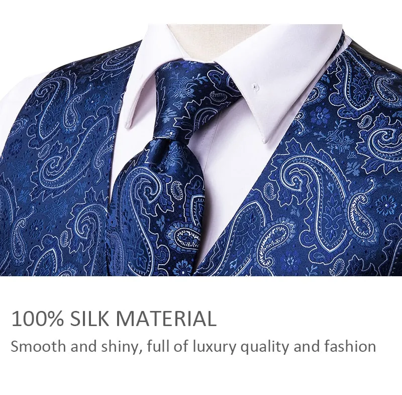 4Piece Mens Vest for Suit Luxury Paisley Floral Plaid Suit Silk Vest and Tie Set Blue Gold Red Sliver Wedding Vest