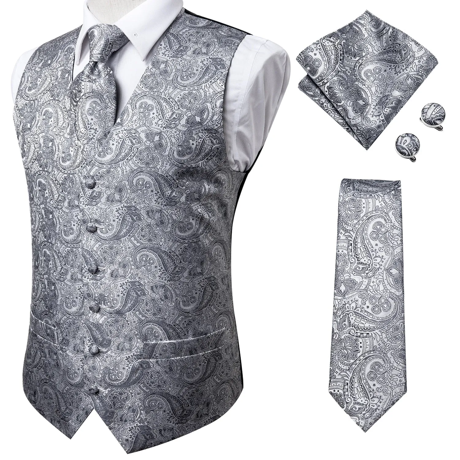 4Piece Mens Vest for Suit Luxury Paisley Floral Plaid Suit Silk Vest and Tie Set Blue Gold Red Sliver Wedding Vest