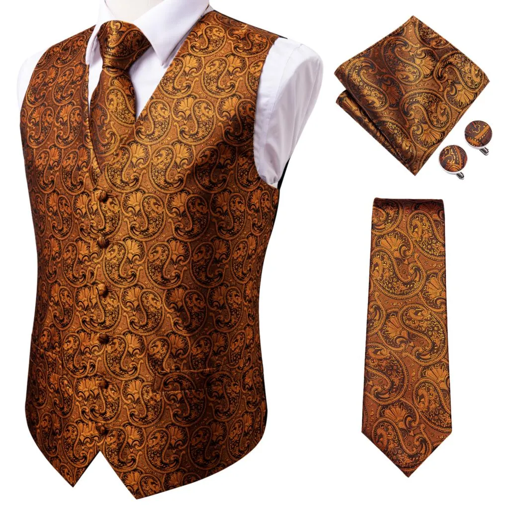 4Piece Mens Vest for Suit Luxury Paisley Floral Plaid Suit Silk Vest and Tie Set Blue Gold Red Sliver Wedding Vest