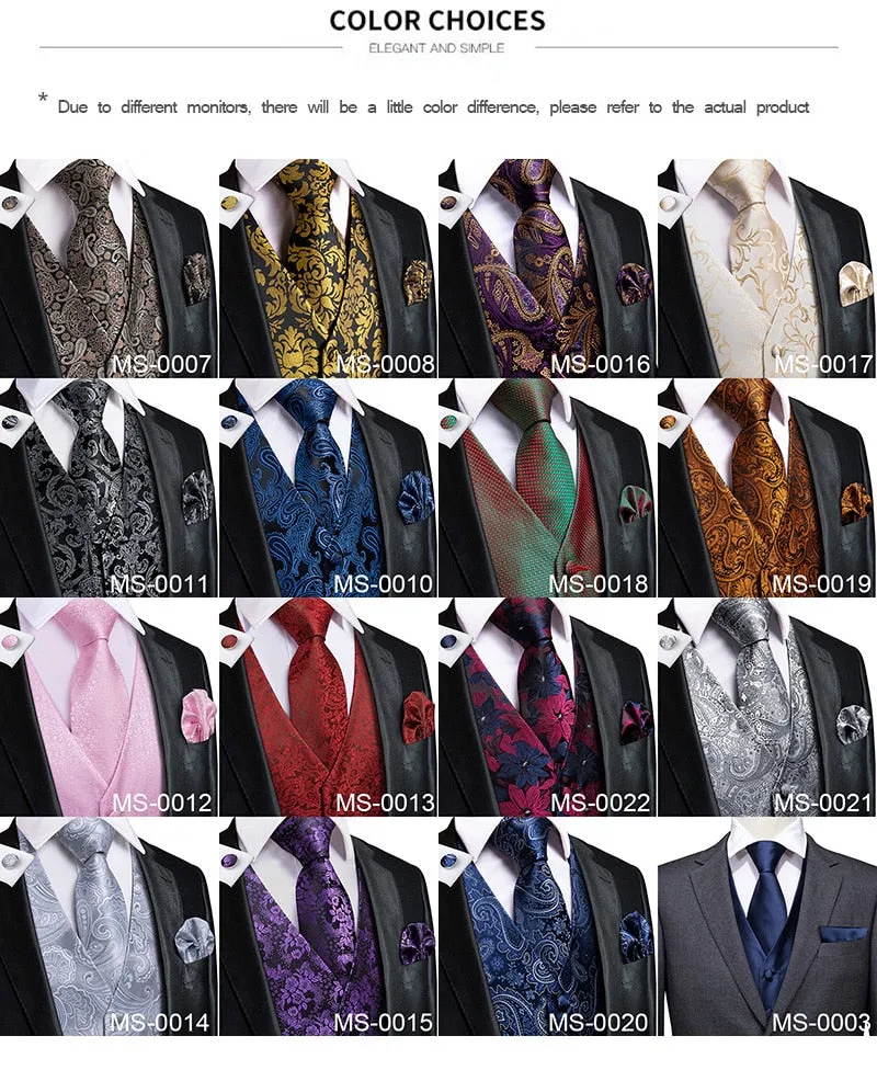 4Piece Mens Vest for Suit Luxury Paisley Floral Plaid Suit Silk Vest and Tie Set Blue Gold Red Sliver Wedding Vest