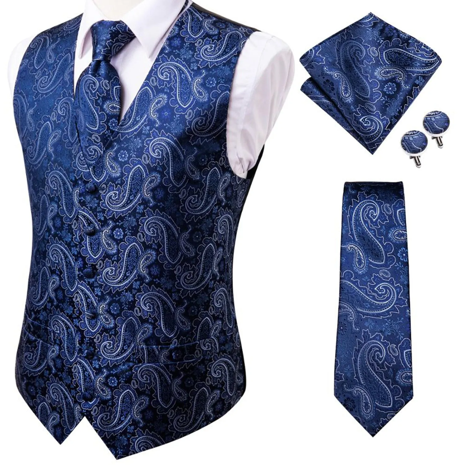 4Piece Mens Vest for Suit Luxury Paisley Floral Plaid Suit Silk Vest and Tie Set Blue Gold Red Sliver Wedding Vest