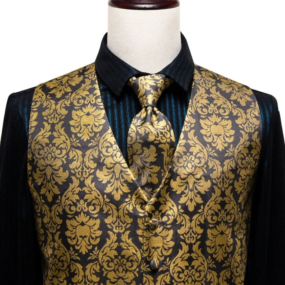 4Piece Mens Vest for Suit Luxury Paisley Floral Plaid Suit Silk Vest and Tie Set Blue Gold Red Sliver Wedding Vest