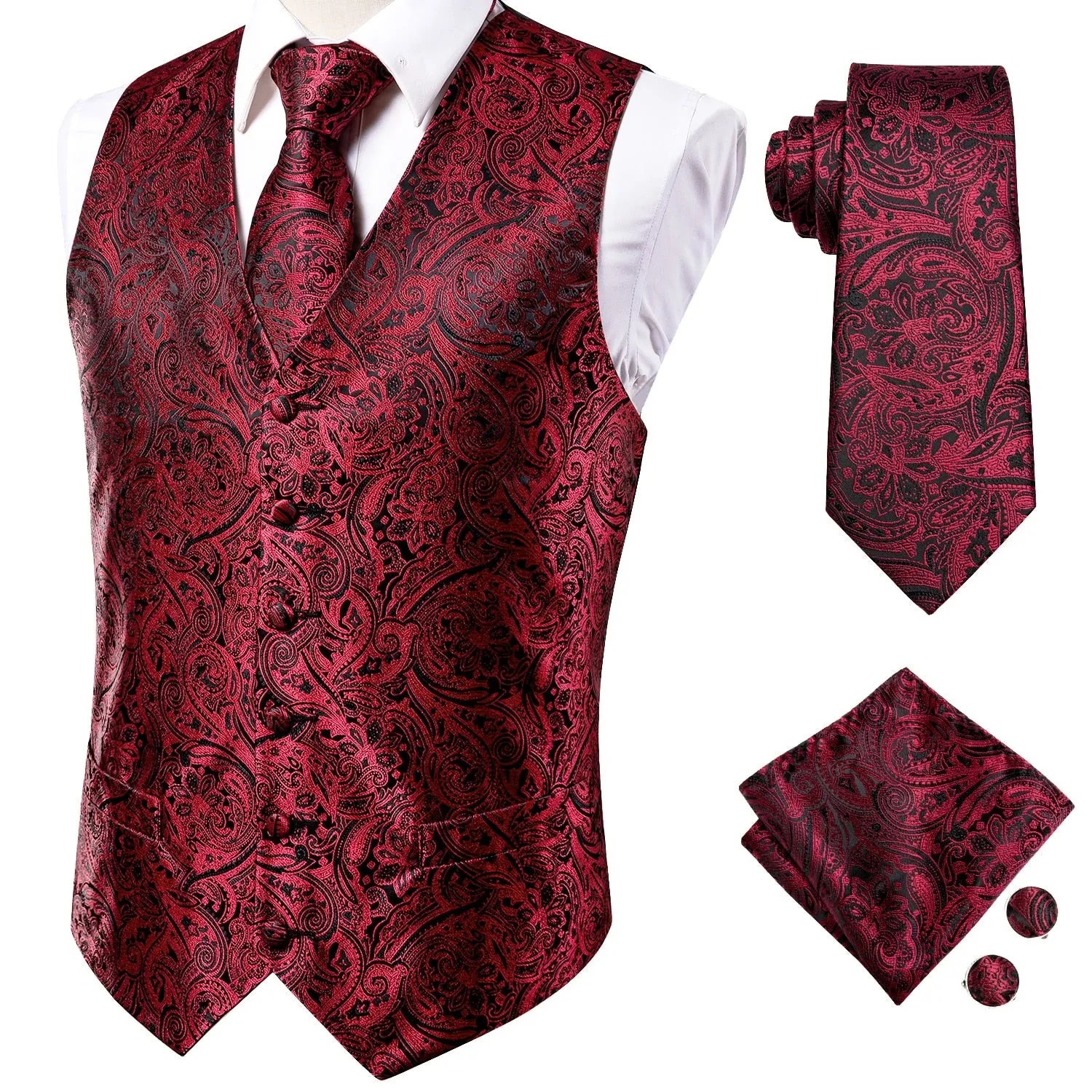 4Piece Mens Vest for Suit Luxury Paisley Floral Plaid Suit Silk Vest and Tie Set Blue Gold Red Sliver Wedding Vest