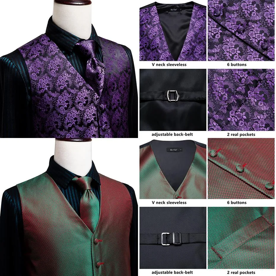 4Piece Mens Vest for Suit Luxury Paisley Floral Plaid Suit Silk Vest and Tie Set Blue Gold Red Sliver Wedding Vest