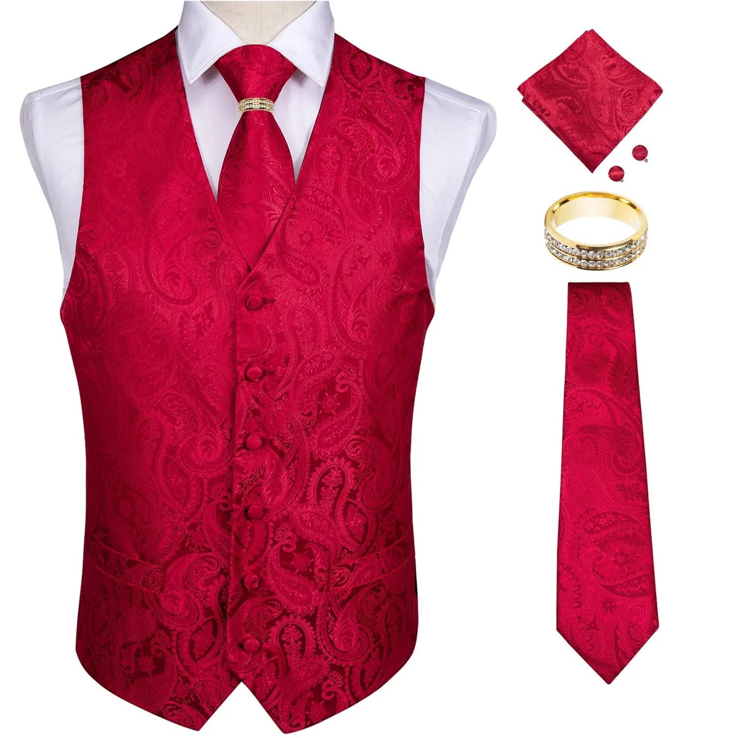 5 Piece Vests Slim Fit Mens Wedding Suit Casual Sleeveless Formal Business Waistcoat Hanky Necktie Bow Tie Set