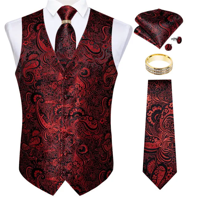 5 Piece Vests Slim Fit Mens Wedding Suit Casual Sleeveless Formal Business Waistcoat Hanky Necktie Bow Tie Set