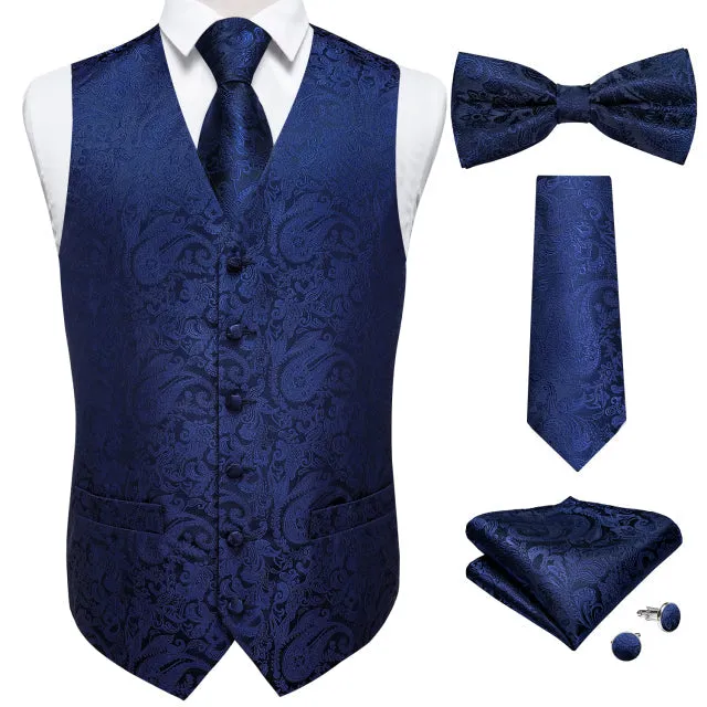 5 Piece Vests Slim Fit Mens Wedding Suit Casual Sleeveless Formal Business Waistcoat Hanky Necktie Bow Tie Set