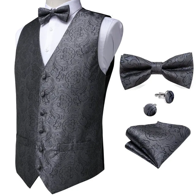 5 Piece Vests Slim Fit Mens Wedding Suit Casual Sleeveless Formal Business Waistcoat Hanky Necktie Bow Tie Set