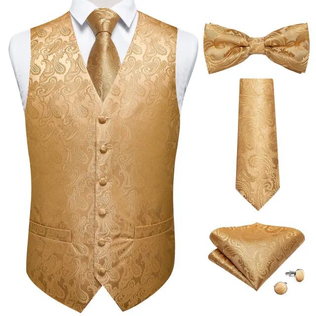 5 Piece Vests Slim Fit Mens Wedding Suit Casual Sleeveless Formal Business Waistcoat Hanky Necktie Bow Tie Set