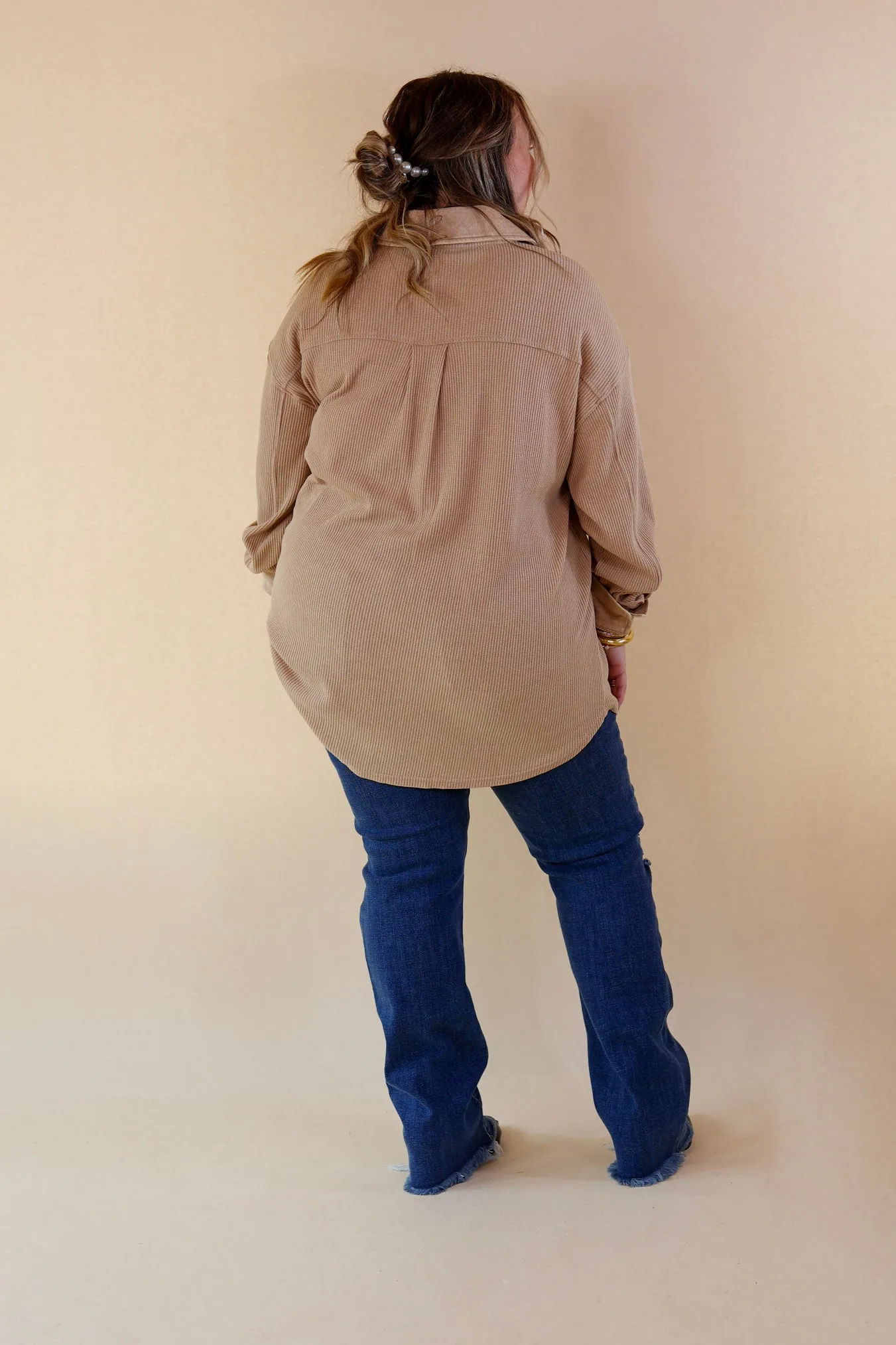 A Place To Unwind Button Up Waffle Knit Shacket in Cream