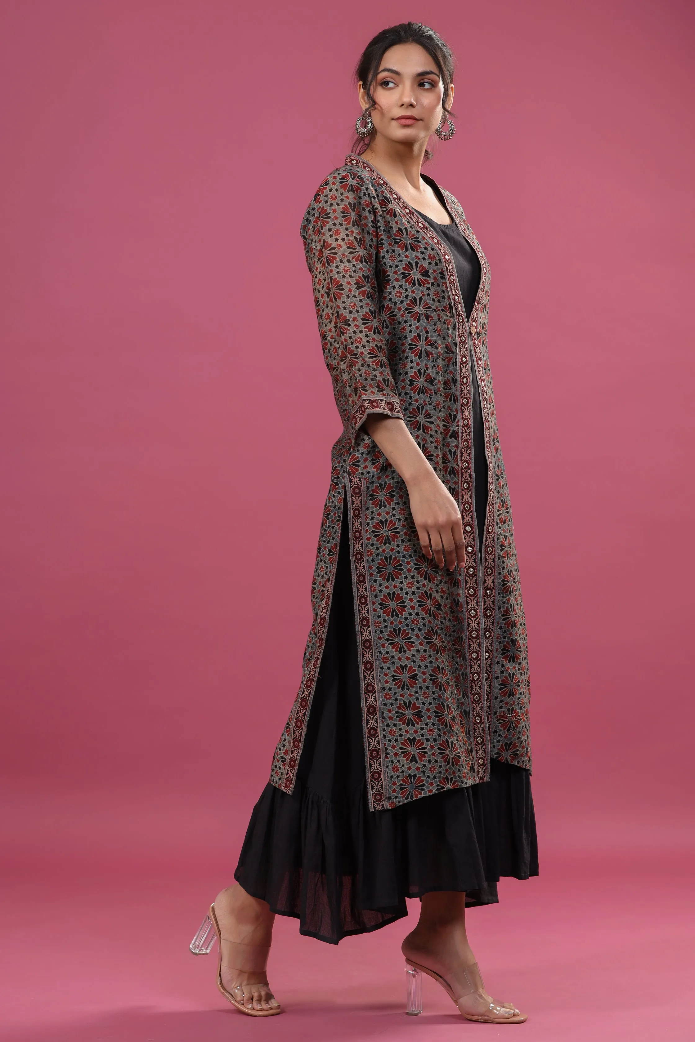 Aadhriti Handblock Printed Chanderi Kurta with Jacket