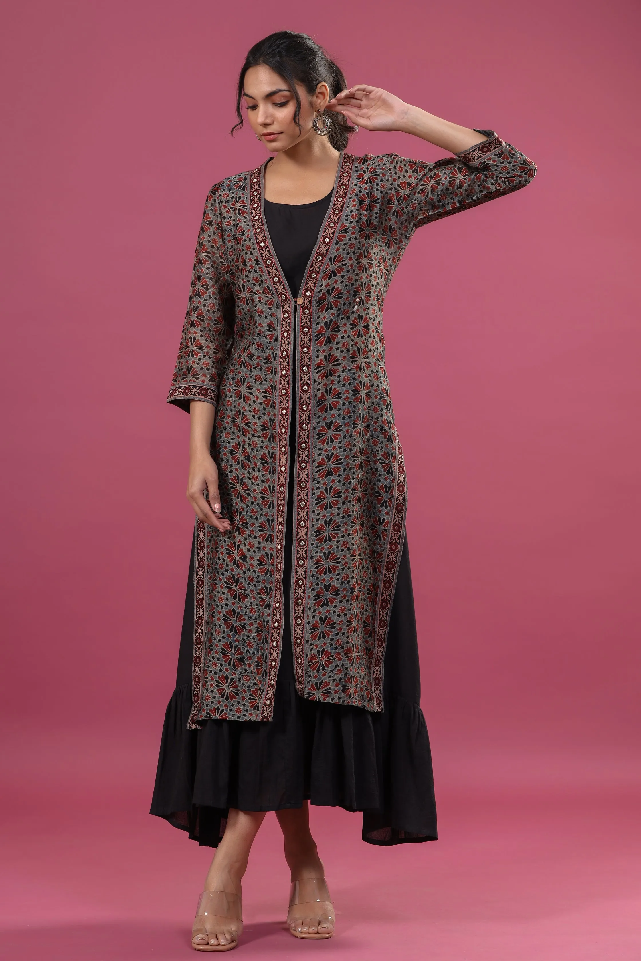 Aadhriti Handblock Printed Chanderi Kurta with Jacket