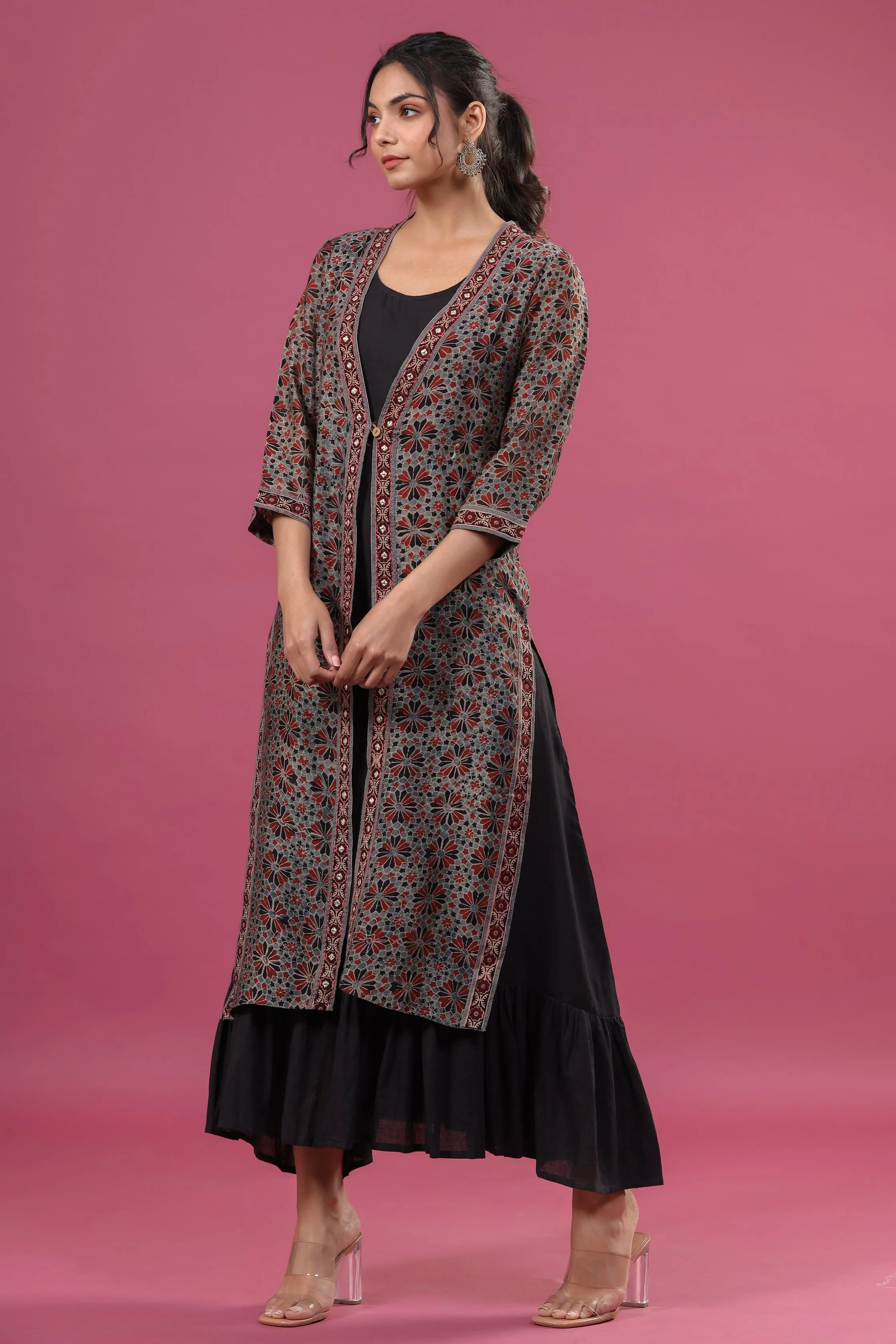 Aadhriti Handblock Printed Chanderi Kurta with Jacket