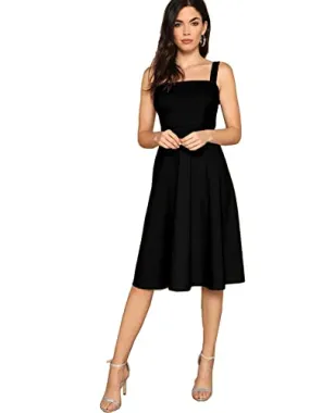 Aahwan Black Solid Fit And Flare Midi Tank Dress For Women's & Girls' (170-Black-M)