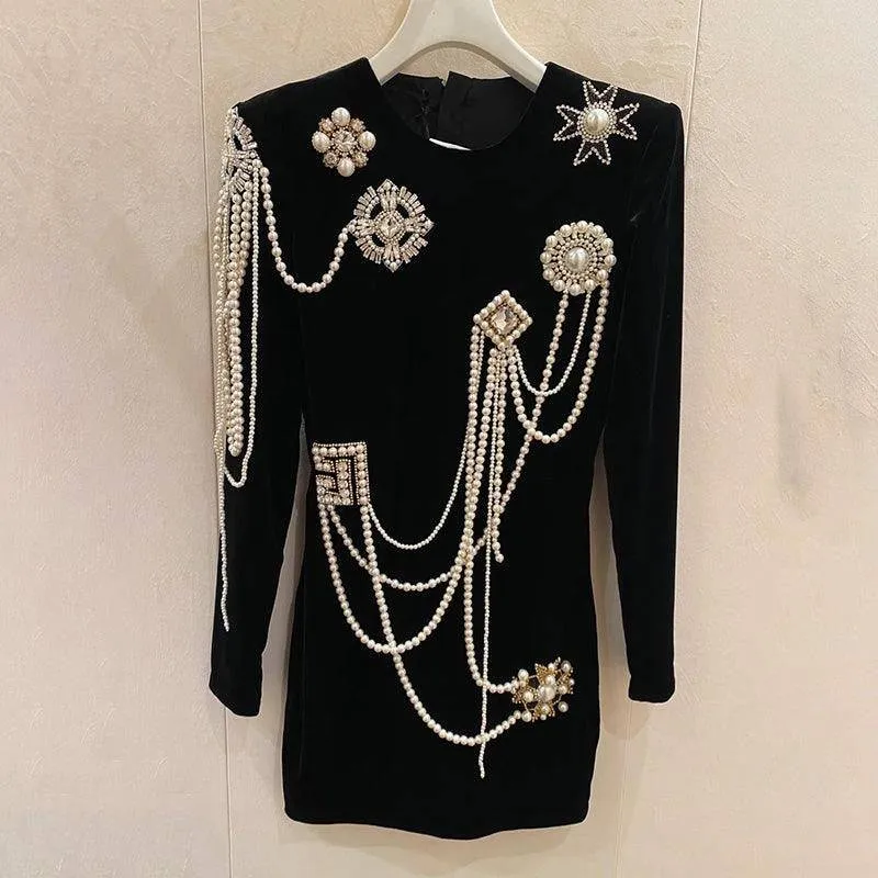 Abby Long Sleeve Pearl Embellishment Mini Dress