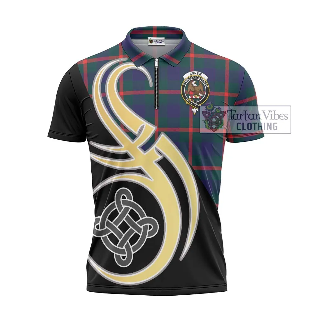 Agnew Tartan Zipper Polo Shirt with Family Crest and Celtic Symbol Style