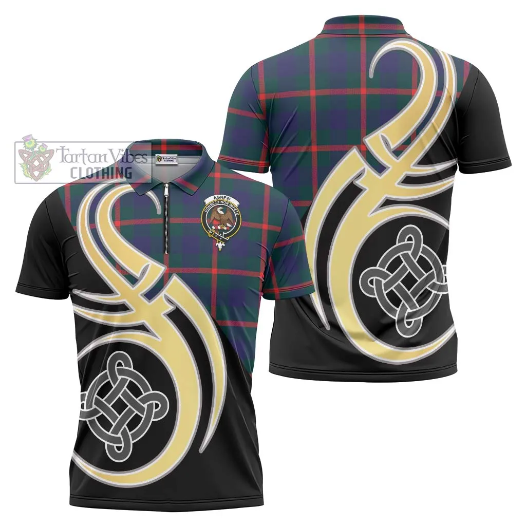 Agnew Tartan Zipper Polo Shirt with Family Crest and Celtic Symbol Style