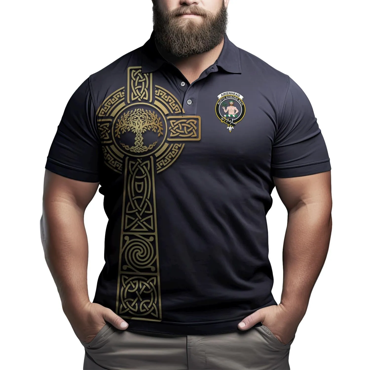 Aikenhead Clan Polo Shirt with Golden Celtic Tree Of Life