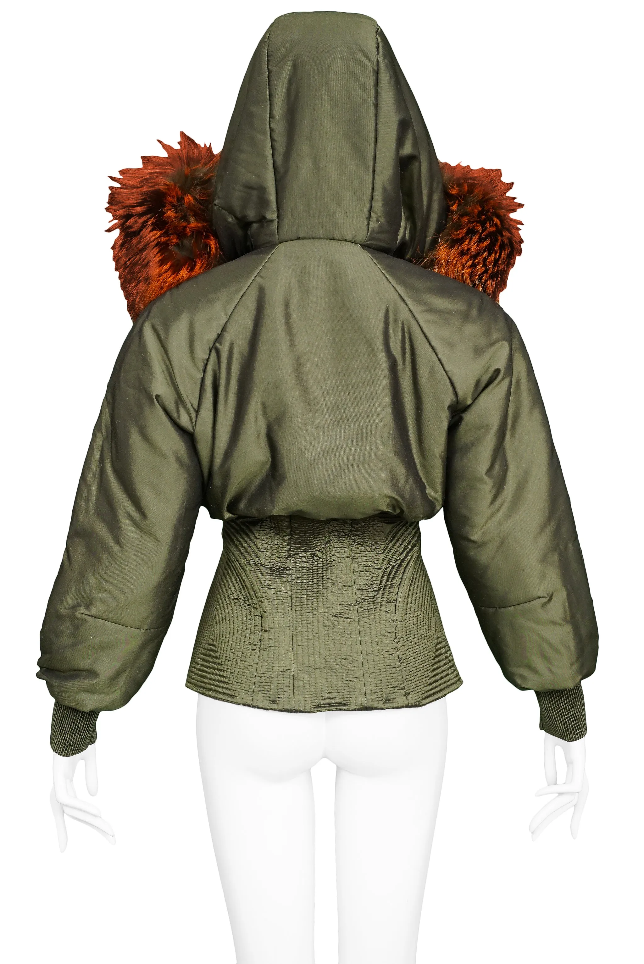 ALEXANDER MCQUEEN OLIVE GREEN & RED FOX FUR HOOD BOMBER 2007