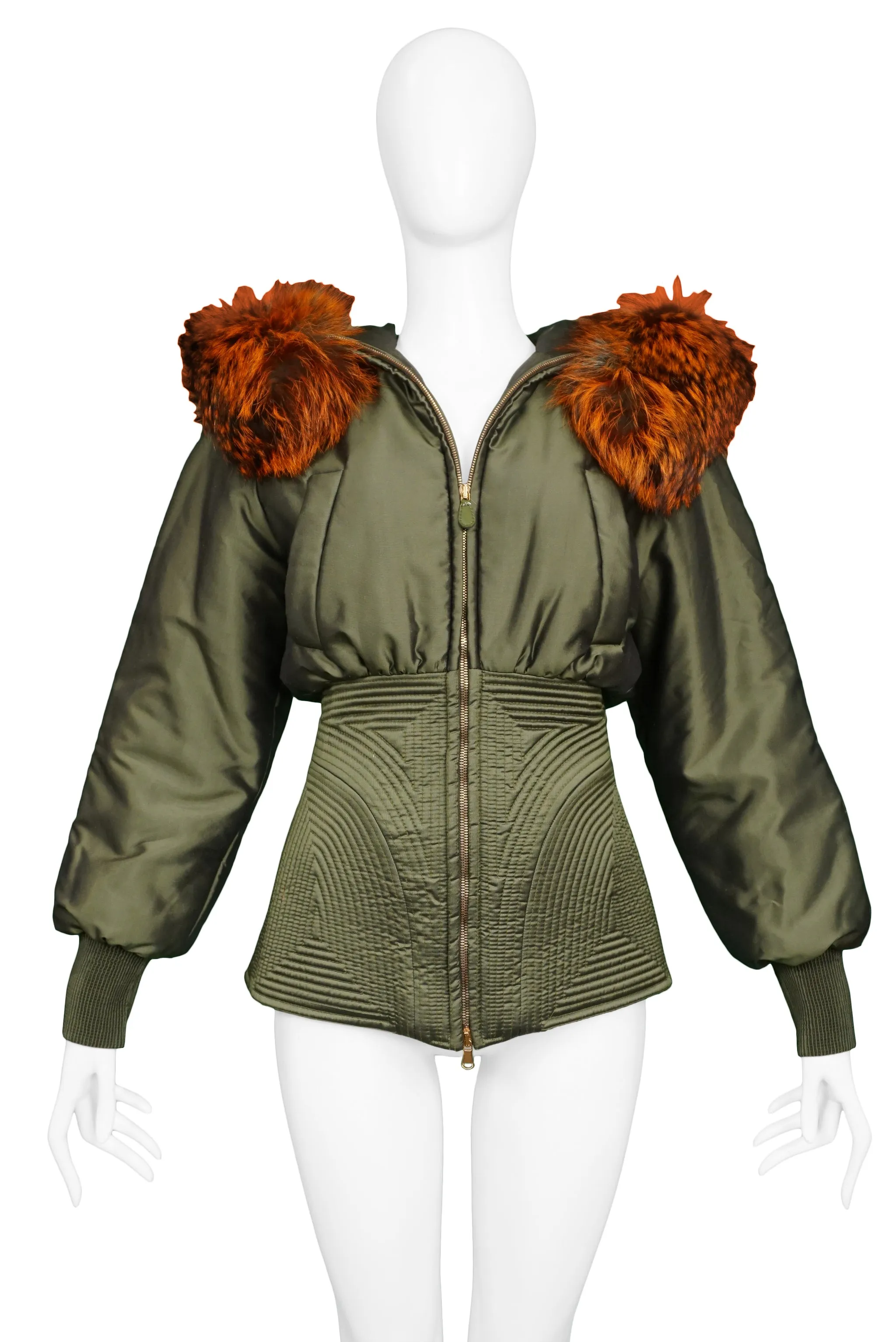 ALEXANDER MCQUEEN OLIVE GREEN & RED FOX FUR HOOD BOMBER 2007