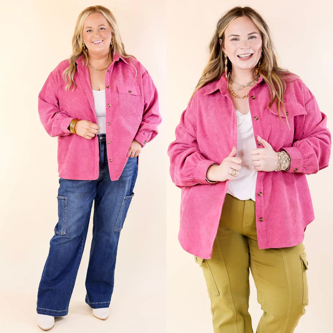 All Dolled Up Button Up Corduroy Shacket in Orchid Pink