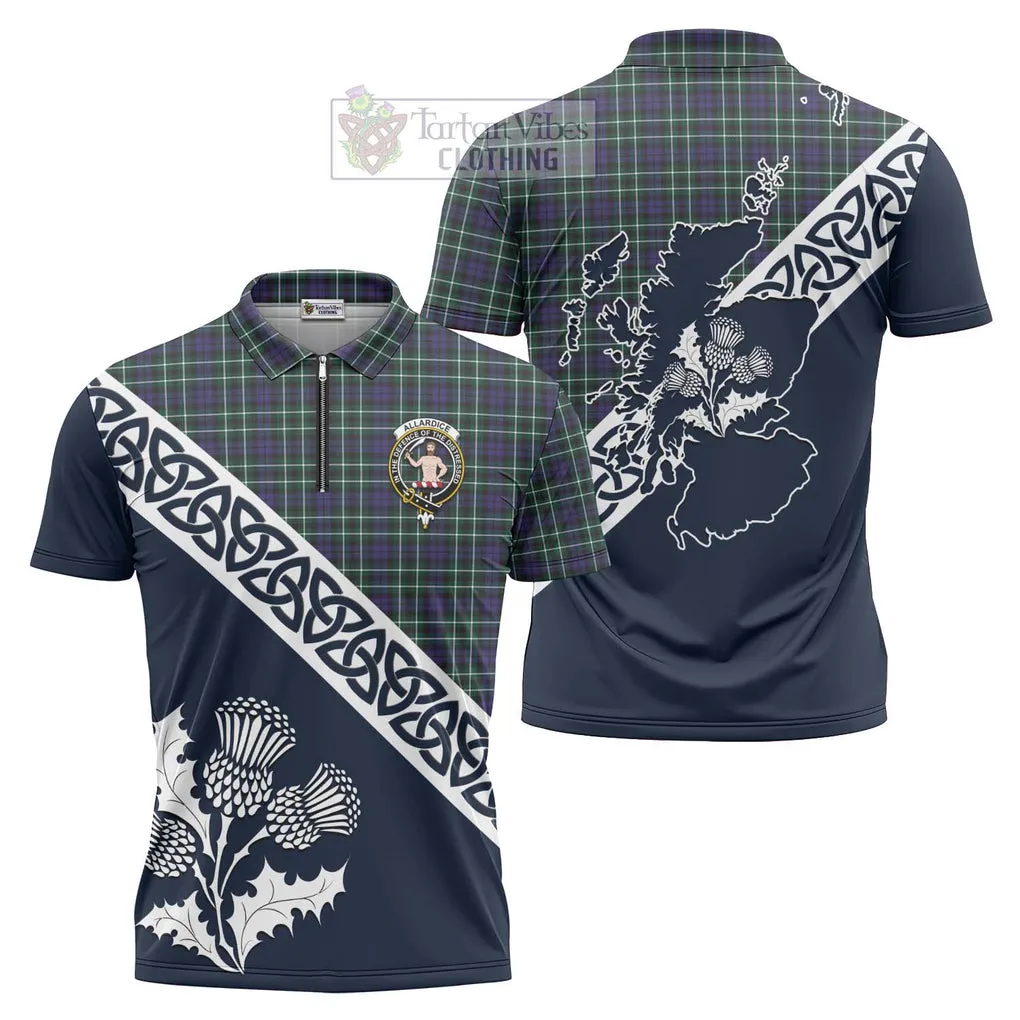 Allardice Tartan Zipper Polo Shirt Featuring Thistle and Scotland Map