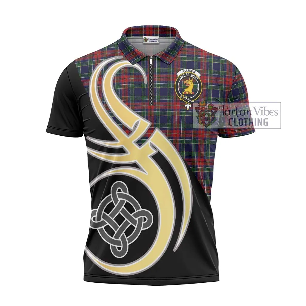 Allison Red Tartan Zipper Polo Shirt with Family Crest and Celtic Symbol Style