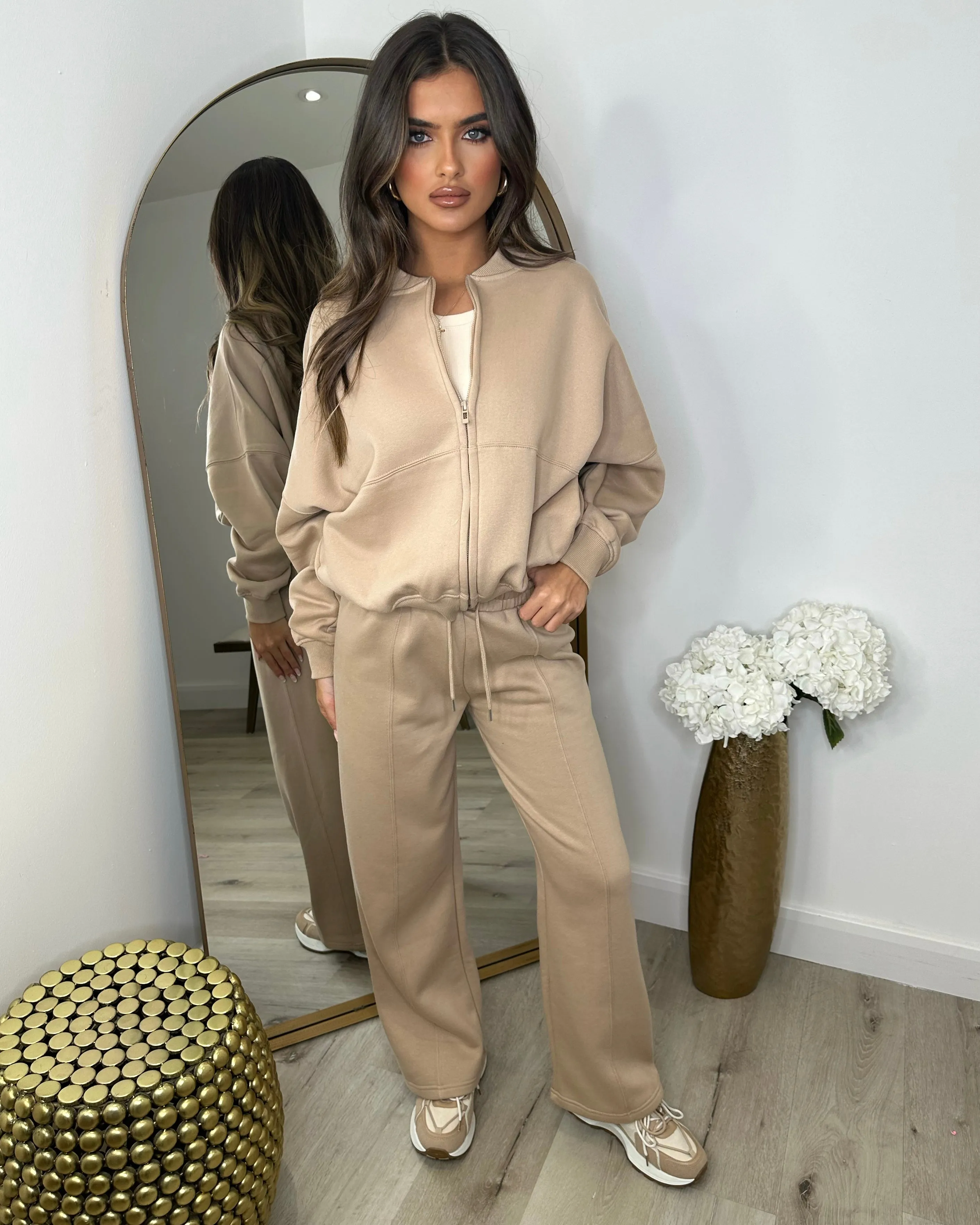 Amelia Bomber Zip Jacket & Straight Leg Joggers Set- Dark Beige