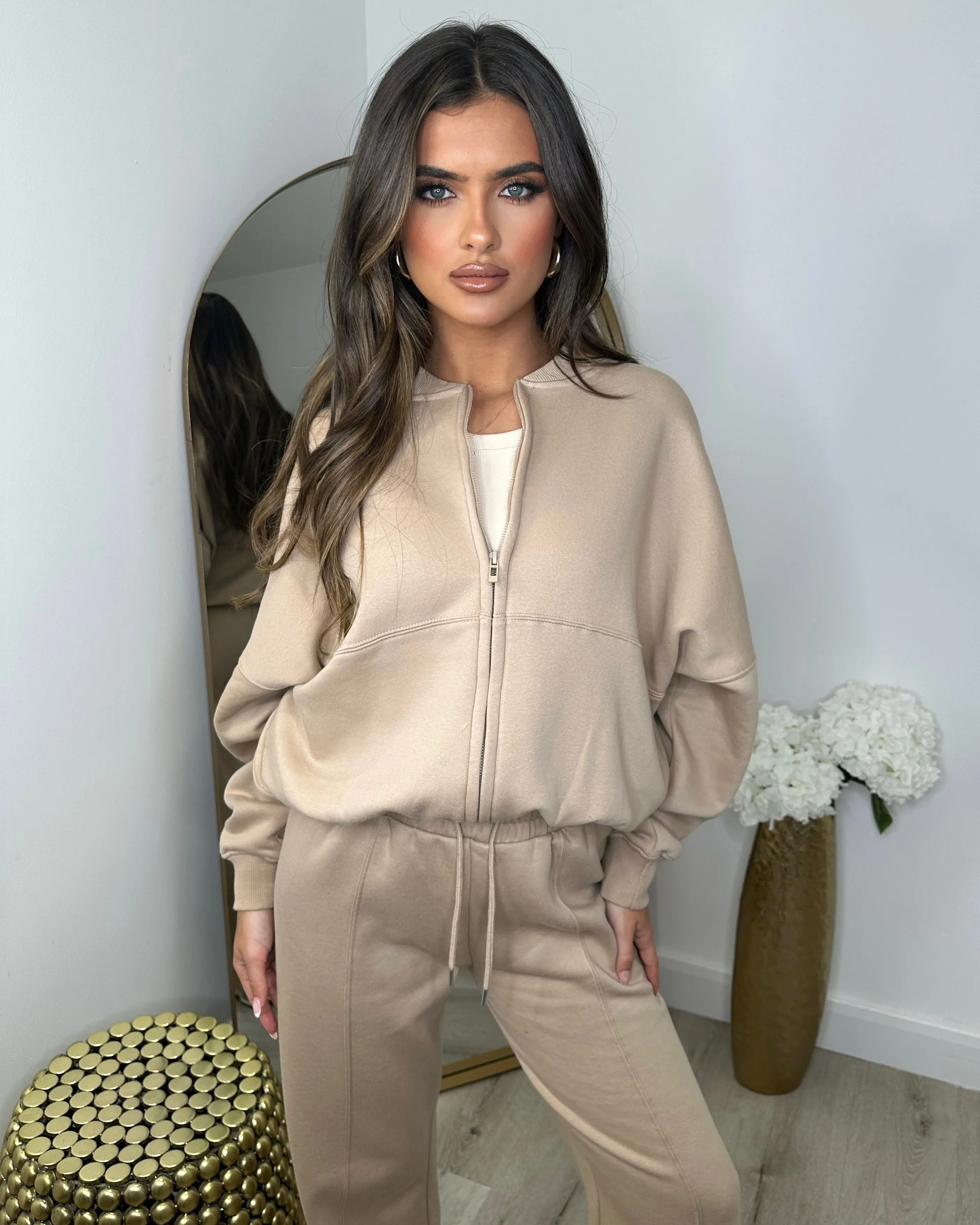 Amelia Bomber Zip Jacket & Straight Leg Joggers Set- Dark Beige