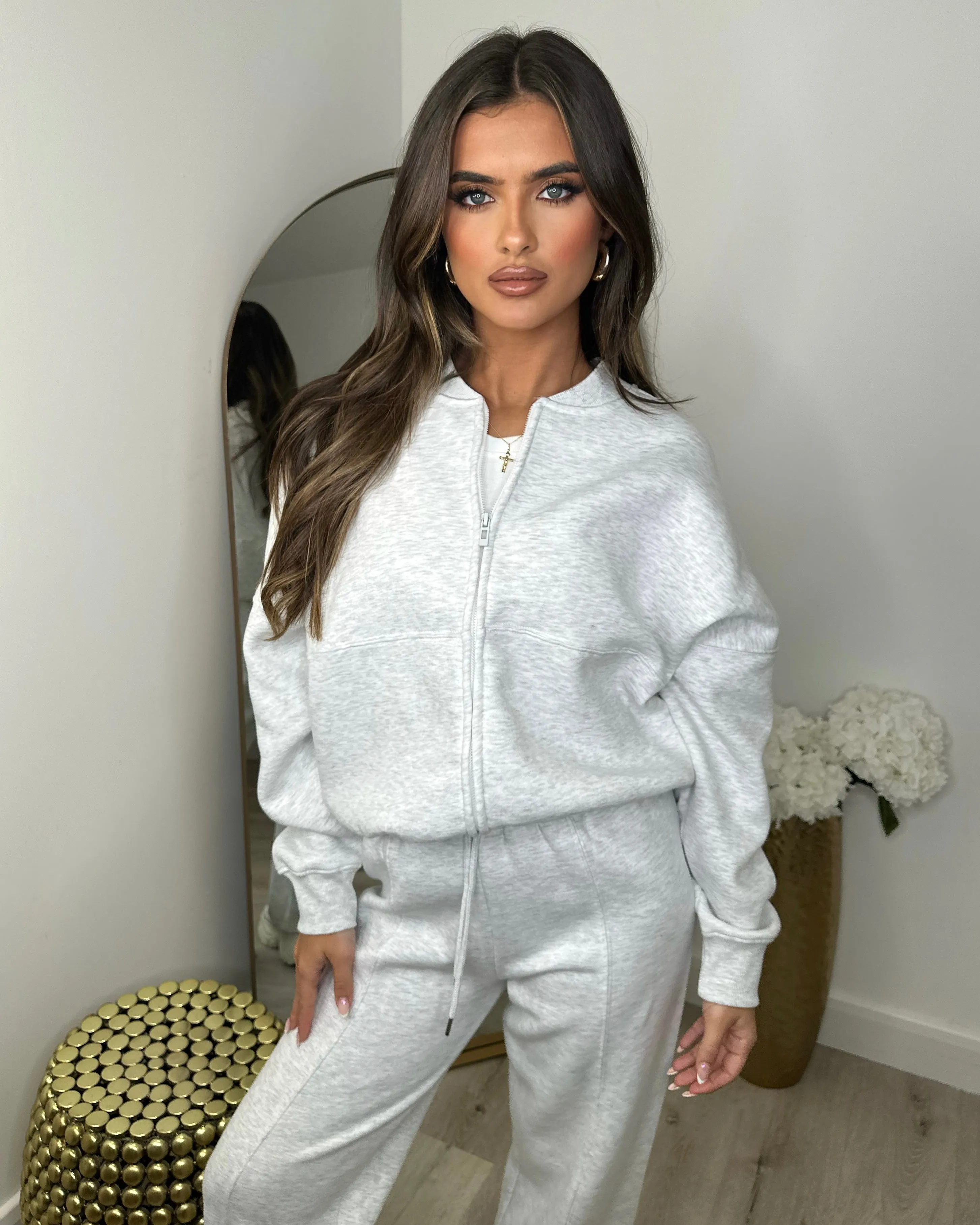 Amelia Bomber Zip Jacket & Straight Leg Joggers Set- Light Grey