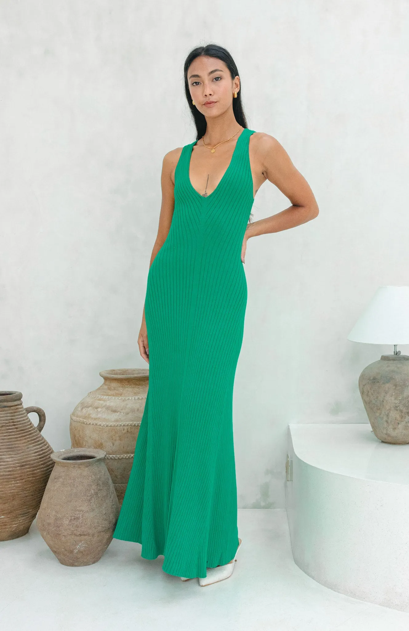 Amelia Green V-Neck Knit Maxi Dress