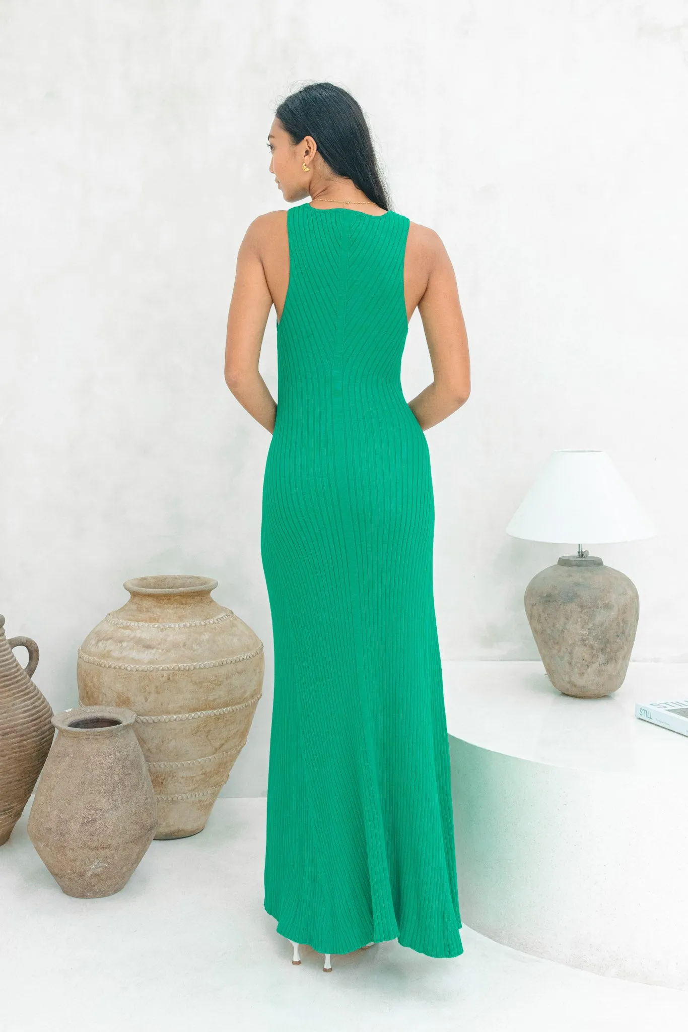 Amelia Green V-Neck Knit Maxi Dress