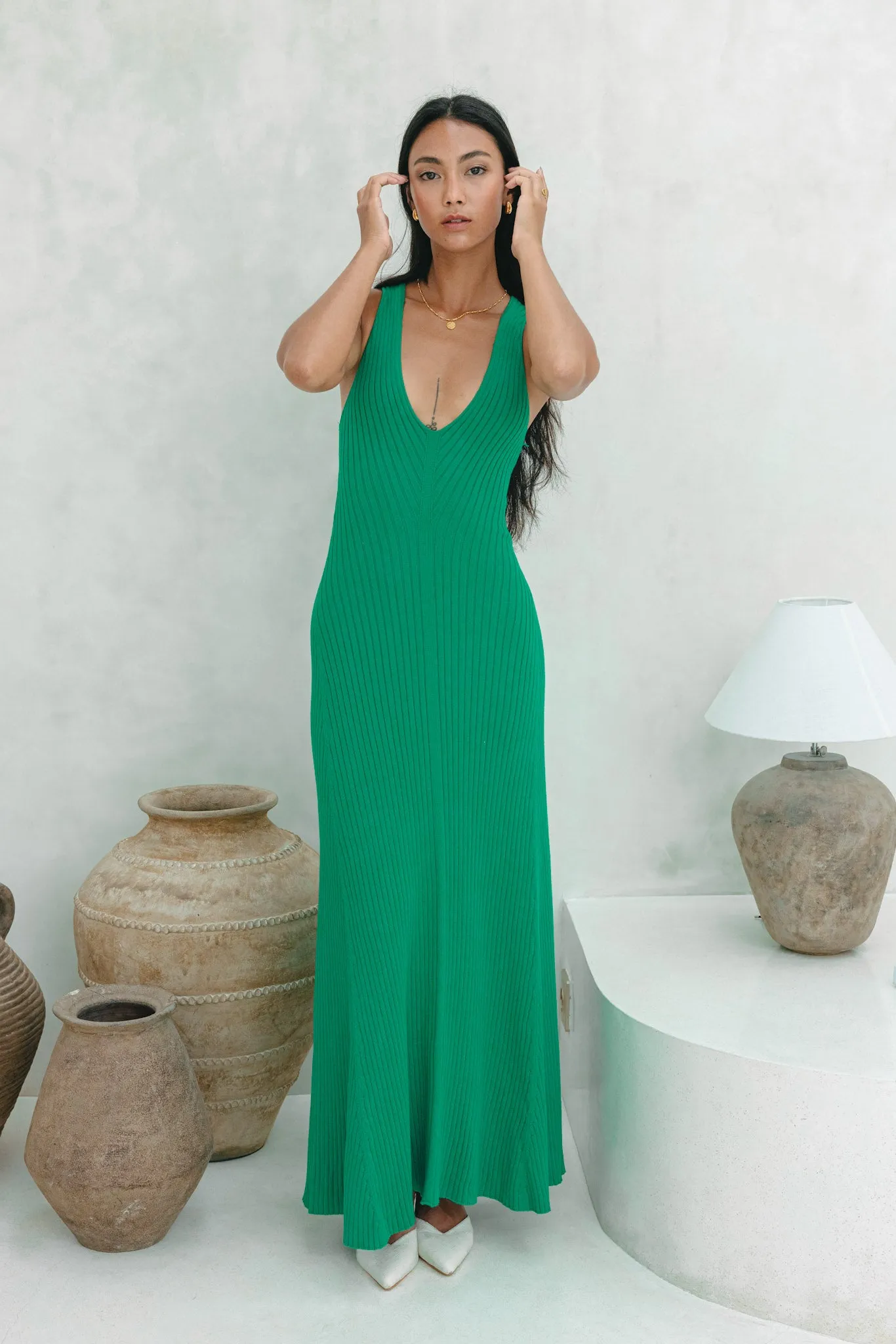 Amelia Green V-Neck Knit Maxi Dress