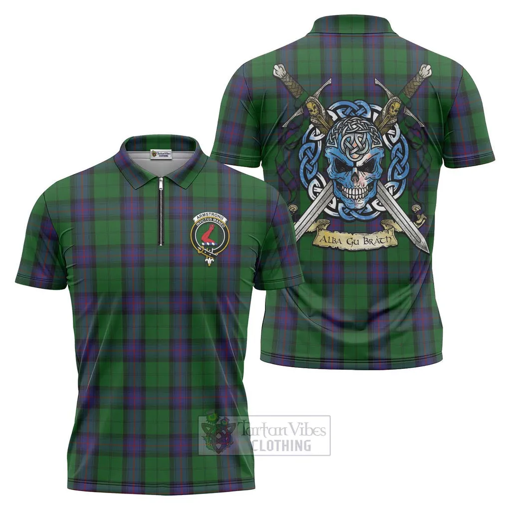 Armstrong Tartan Zipper Polo Shirt with Family Crest Celtic Skull Style