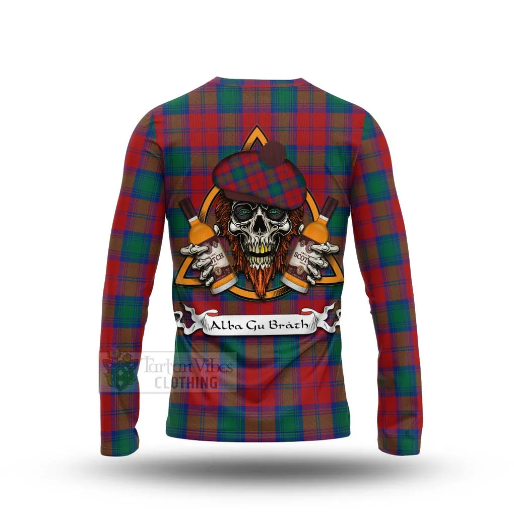 Auchinleck (Affleck) Tartan Long Sleeve T-Shirt with Family Crest and Bearded Skull Holding Bottles of Whiskey