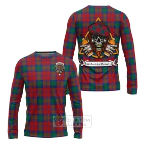 Auchinleck (Affleck) Tartan Long Sleeve T-Shirt with Family Crest and Bearded Skull Holding Bottles of Whiskey