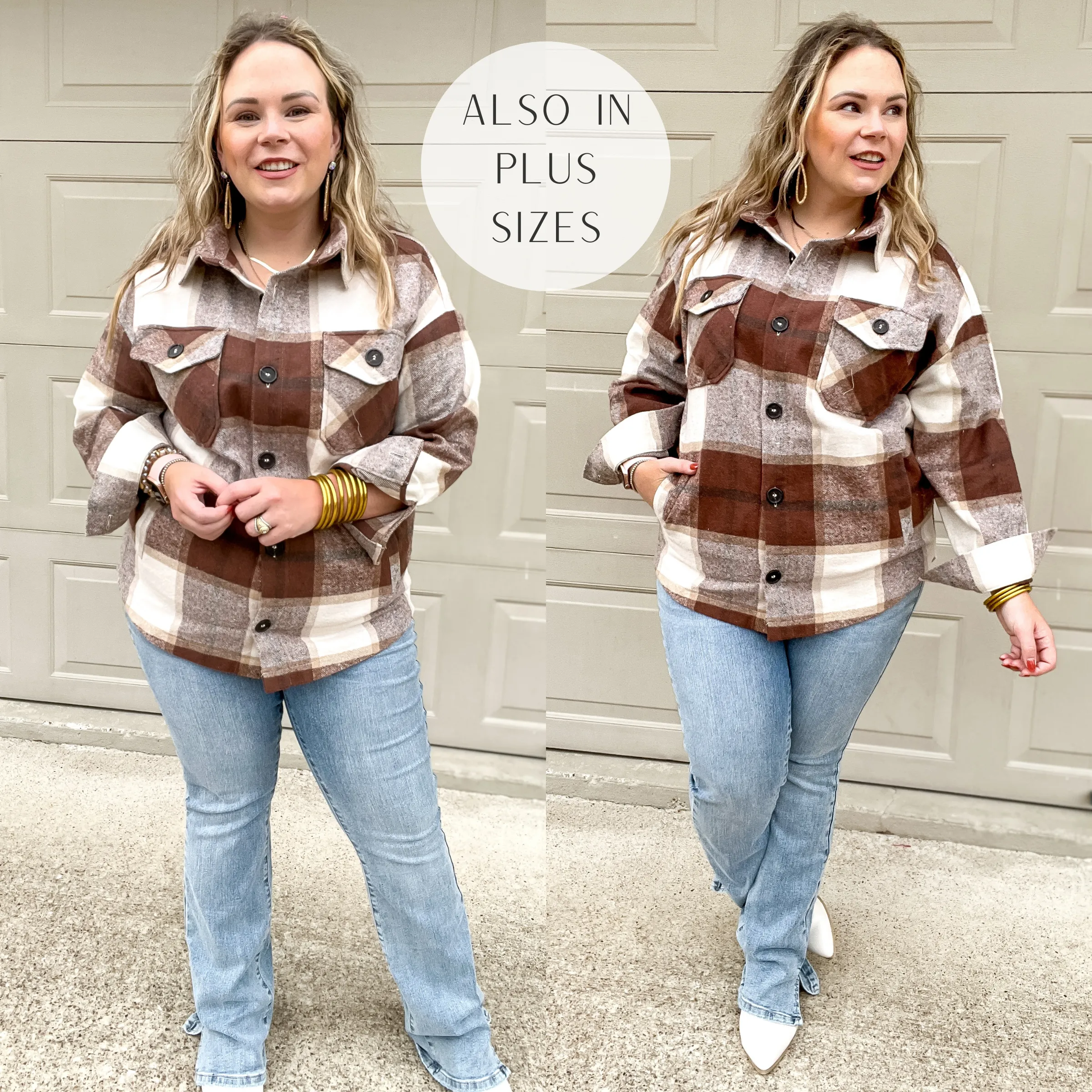 Autumn Air Plaid Button Up Shacket in Brown