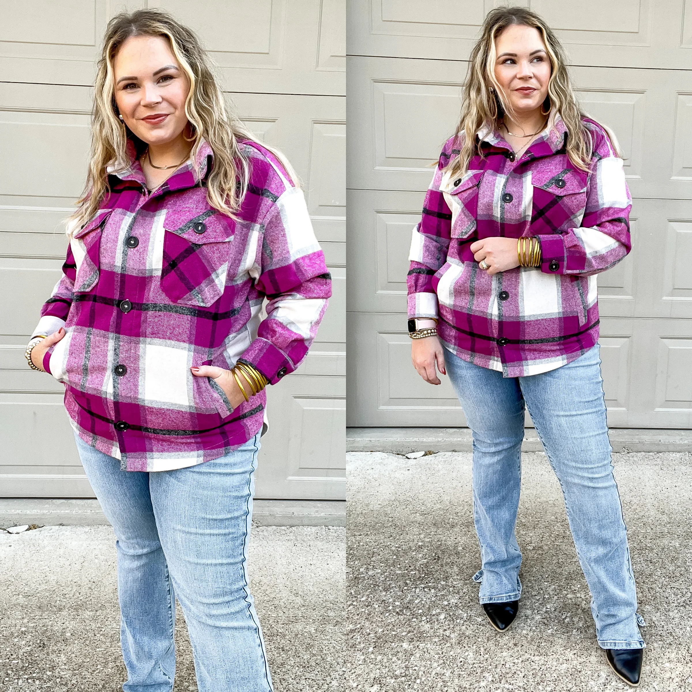 Autumn Air Plaid Button Up Shacket in Magenta