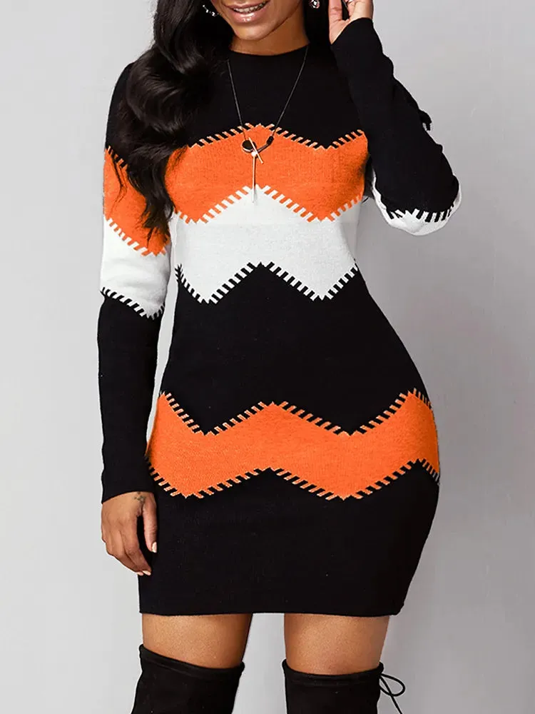 Autumn Women's Elegant O-Neck Slim Knitted Dress with Print – Long Sleeve Bodycon Mini Dress (5XL)