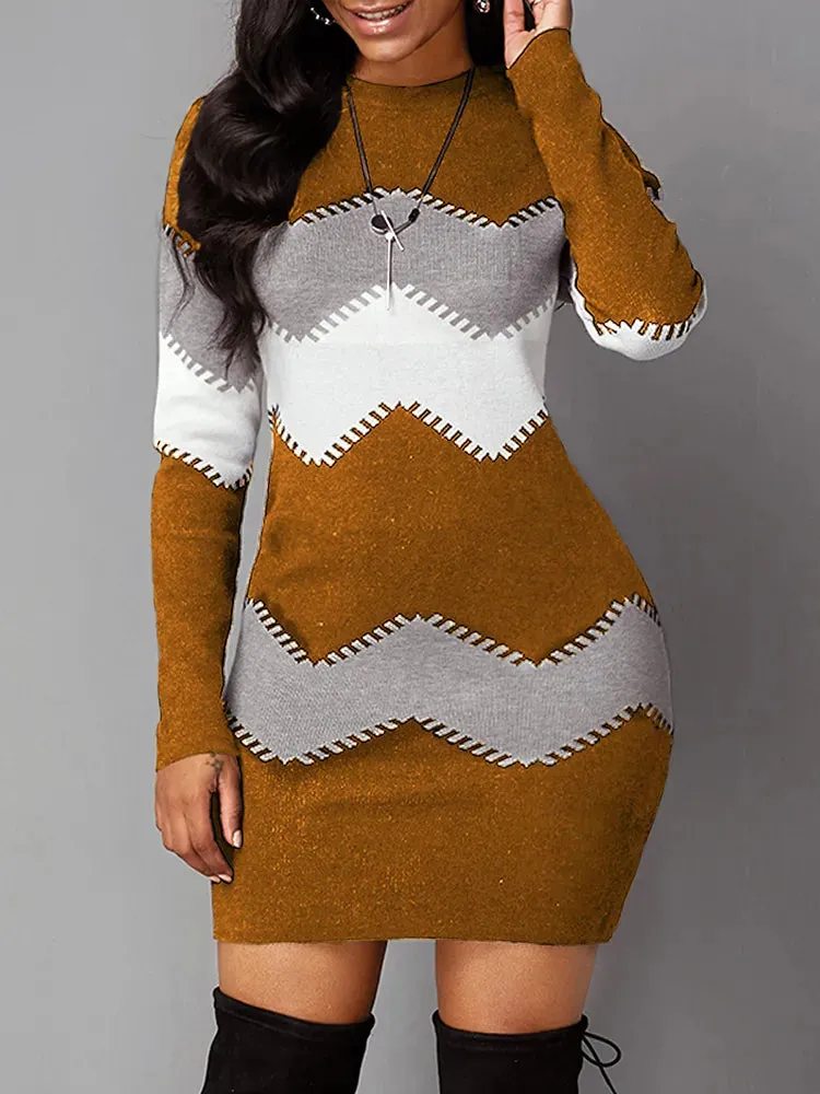 Autumn Women's Elegant O-Neck Slim Knitted Dress with Print – Long Sleeve Bodycon Mini Dress (5XL)