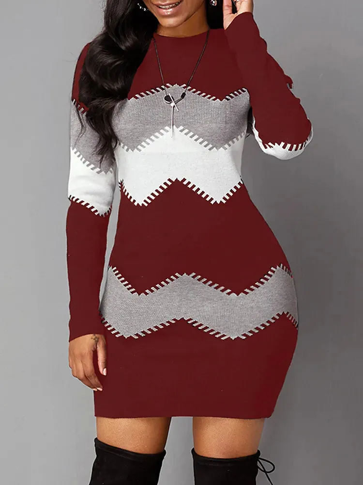 Autumn Women's Elegant O-Neck Slim Knitted Dress with Print – Long Sleeve Bodycon Mini Dress (5XL)