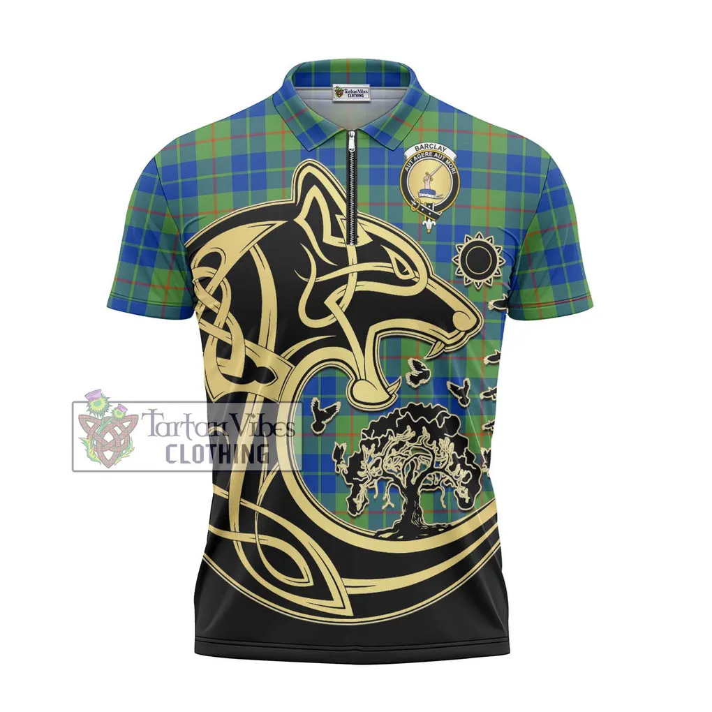 Barclay Hunting Ancient Tartan Zipper Polo Shirt with Family Crest Celtic Wolf Style